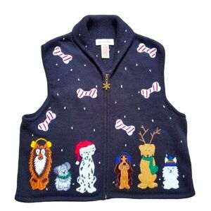 Bechamel Knit Sweater Vest Santa Dogs Ugly Christmas Black Embroidered